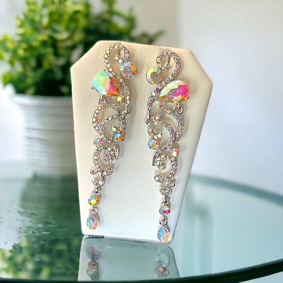 Rhinestone Dangle Earrings Silver AB Crystal Drop Earrings Prom Dress Earrings - Picture 3 of 12